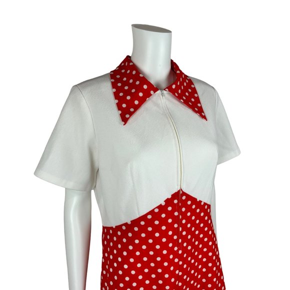 Vintage 70s Polka Dot Dress Women's Large Red White Front Zip Up Mini Minnie Bab - Picture 6 of 11